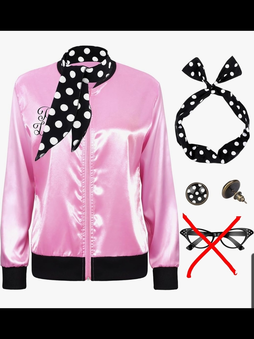 Pink Satin Bomber Jacket with Polka Dot Scarf -size Med- No Glasses